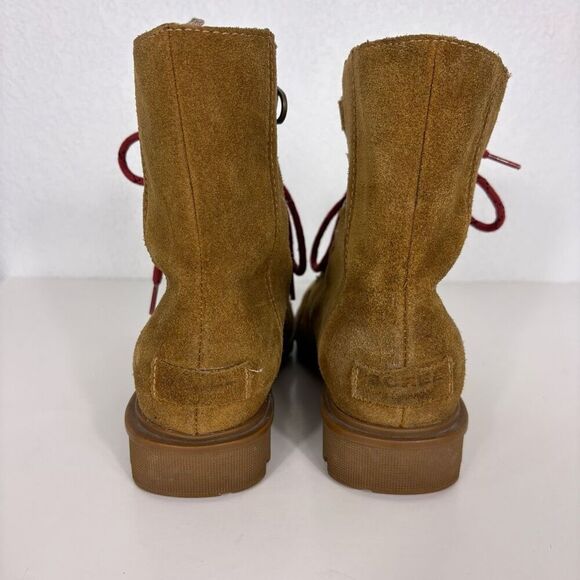 Sorel Tan Suede Sherpa Tongue Red Lace Up Mid Calf Combat Boots Women's Size 8 - Picture 7 of 11